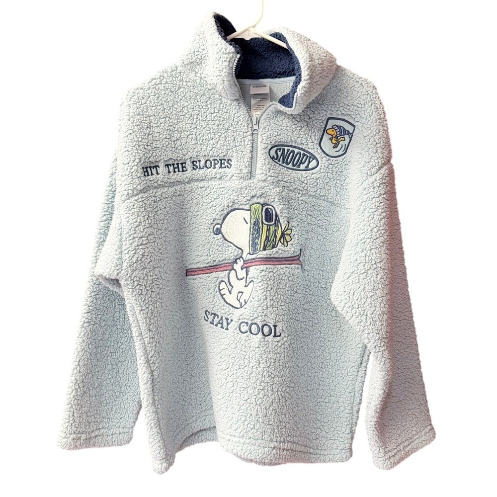 Peanuts Snoopy Fleece Pullover Women L Blue Hit The Slopes Stay Cool Quarter Zip